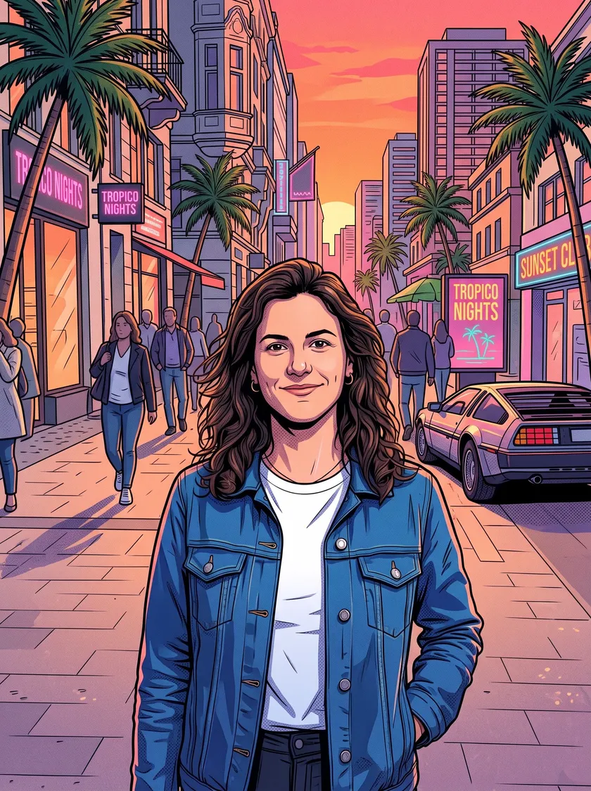 Портрет в стиле комикса Vice City: чёткие контуры, тропический город на закате — после